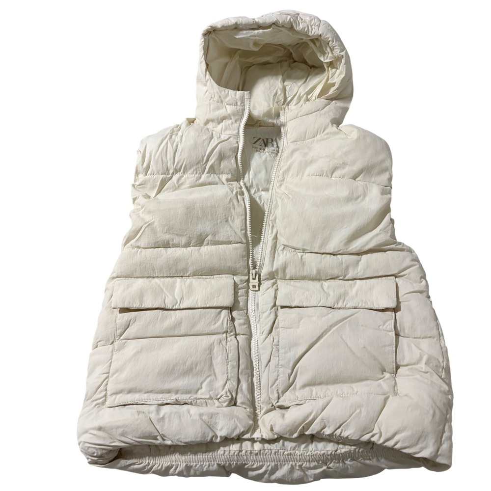 Zara Kids Hooded Puffer Vest Cream Off-White Full Zip Pockets Sz 8-9 Years 130